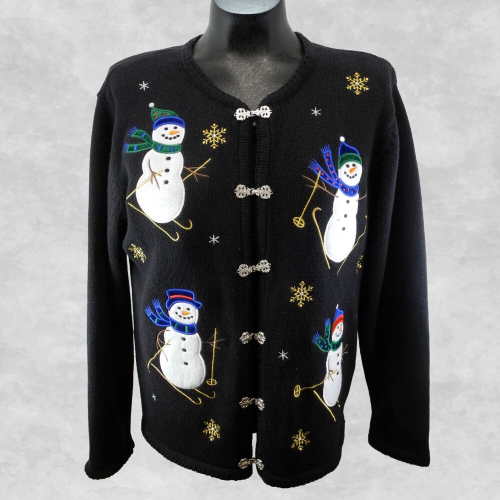 Vintage Christmas Cardigan Sweater Womens Small Crystal Kobe Snowman Metal Clasp